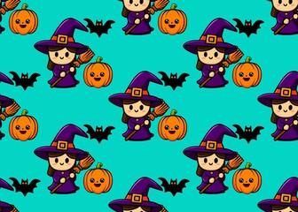 Seamless pattern with witch, bat and pumpkin. Autumn mood and Halloween. Autumn art.