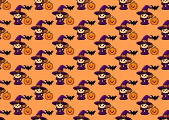 Seamless pattern with witch, bat and pumpkin. Autumn mood and Halloween. Autumn art.