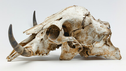 Side View of  Animal Bull Skull Isolated on a Clean White Background with Detailed Bone Texture