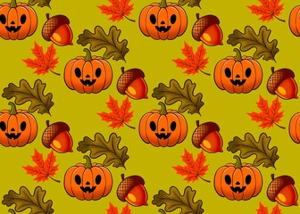 Halloween seamless background. Autumn pattern with dry leaves, acorn and pumpkin. Autumn art.