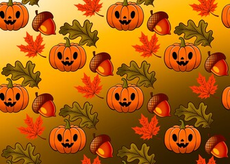 Halloween seamless background. Autumn pattern with dry leaves, acorn and pumpkin. Autumn art.