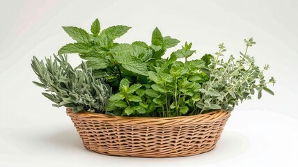 Naklejka premium A woven basket filled with a variety of fresh herbs, including mint, thyme, and sage, set against a plain background.