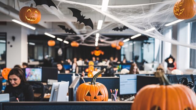Halloween Celebration at Work. A bustling office space transformed for Halloween, featuring employees in costumes, decorated cubicles, and festive pumpkins. 