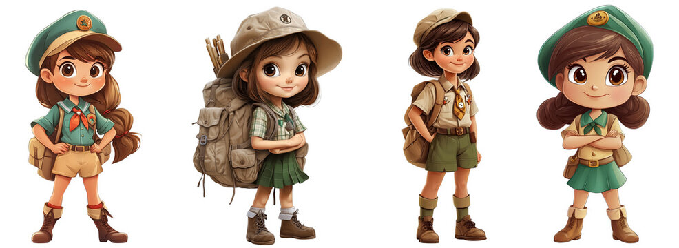 Four cartoon girls dressed as scouts exploring nature transparent background