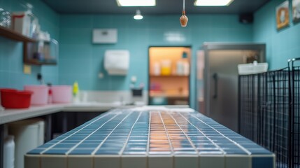 Bright and clean kitchen with blue tiled countertop, modern appliances, and organized workspace for culinary creations, empty mockup for product presentation