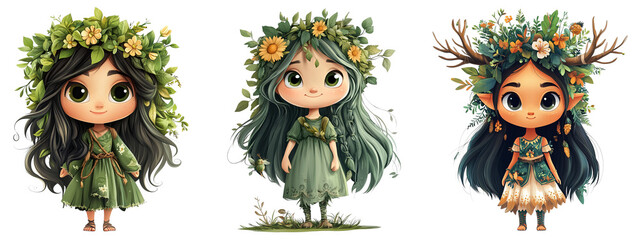adorable fantasy characters dressed in green foliage flowers transparent background