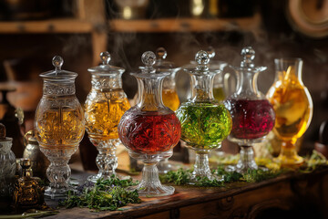 Fototapeta premium Stylish presentation of herbal liqueurs in ornate glassware..A row of glass bottles with various colored liquids on a table