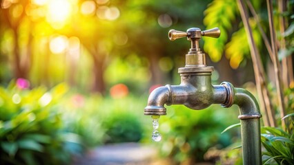 Water tap in a garden with a focus on saving water and the planet, water, tap, garden, conservation, environment