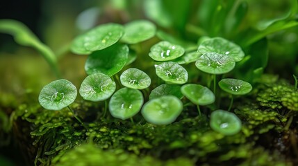 Lush green leaves thriving on a mossy surface in a tranquil natural setting during daylight hours