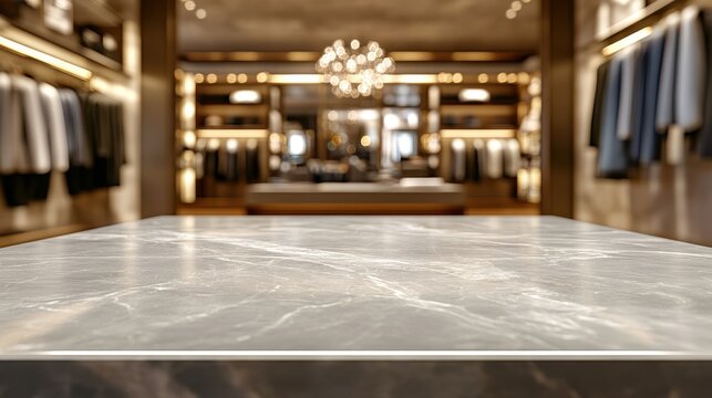 Elegant interior view of a luxury retail store showcasing stylish clothing and a sleek marble counter in the foreground, empty mockup for product presentation