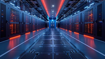 Fototapeta premium Working Data Center Full of Rack Servers and Supercomputers, Modern Telecommunications, Artificial Intelligence, Supercomputer Technology Concept.3d rendering,conceptual image