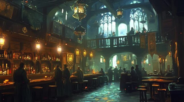 Atmospheric medieval bar interior illuminated by candlelight, creating a warm and inviting ambiance at night
  Seamless looping 4k time-lapse virtual video animation Generated AI