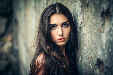Naklejka premium A young woman with long dark hair gazes intensely into the camera against a rugged, textured wall, exuding strength and mystery in natural, diffused light.