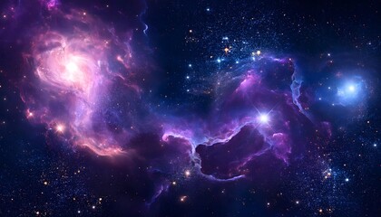 ethereal cosmic landscape with mountain silhouettes, starry sky, and nebula lights in deep purple hues for mystical fantasy backgrounds