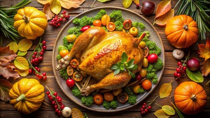 Beautifully roasted turkey decorated with seasonal vegetables, this Thanksgiving centerpiece radiates warmth and joy,