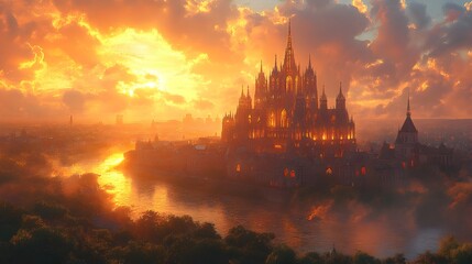 Obraz premium Majestic Gothic Cathedral Bathed in Warm Sunset Glow with Ornate Stained Glass Windows and Towering Spires