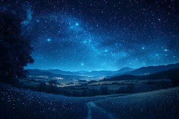 Fototapeta premium Clear Bright Starry Night Over Peaceful Landscape