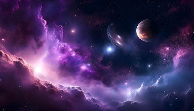 abstract cosmic landscape with distant galaxies, stars, and colorful nebulae in shades of purple and blue, deep space background for sci-fi themes