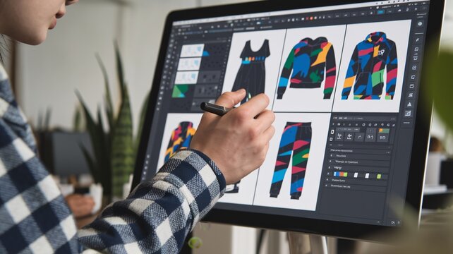 Fashion Design Sketch on Tablet. A designer uses a tablet and stylus to create vibrant fashion sketches amidst a colorful workspace filled with fabric swatches and design tools. - Powered by Adobe