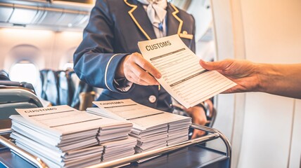 Airline Passenger Receive Customs Declaration Form. A passenger receives a customs declaration form from a flight attendant on a plane.