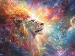 Naklejka premium Majestic Lion Under Celestial Sky