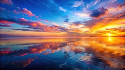 Backlit horizon with vibrant colors reflected in calm water, backlit, horizon, vibrant, colors, reflected, calm, water, scenery