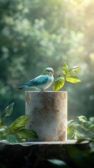 A Budgerigar positioned on a podium set in a magical fairytale forest with whimsical elements.