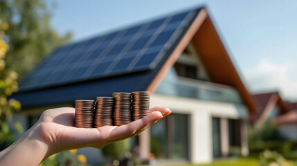 Hand with coins on the background of a private house with solar panels. Concept of saving or investing money and clean energy