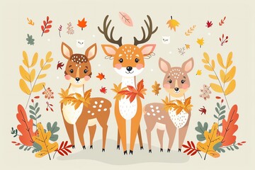 Fototapeta premium Cute animals in fall, deer with wreaths, flat design illustration