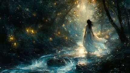 Obraz premium A woman in white walks through a magical forest, illuminated by glowing orbs. .