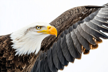 Obraz premium Bald Eagle in Flight A majestic bald eagle soaring through the air with its wings fully extended.