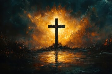 Fototapeta premium a poignant depiction of the cross of jesus radiating light and hope surrounded by ethereal elements that symbolize faith love and compassion inviting viewers into a reflective spiritual space