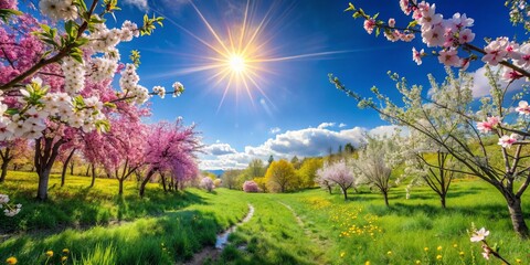 Beneath the clear blue skies of spring, blooming flowers and lush greenery create a vibrant scene, celebrating the