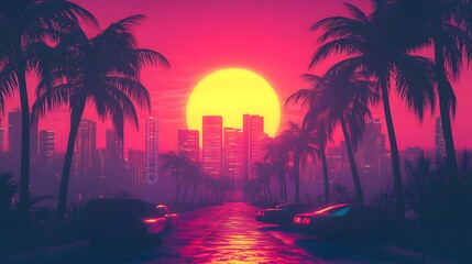 A synthwave background with palm trees and the sun setting behind an urban skyline, featuring retro-futuristic elements like vintage cars and neon lights