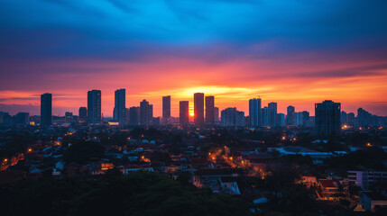 Obraz premium A vibrant cityscape during sunset. The sky is painted in hues of orange, pink, and blue, with the sun setting in the center. The city is dotted with numerous skyscrapers, each varying in height