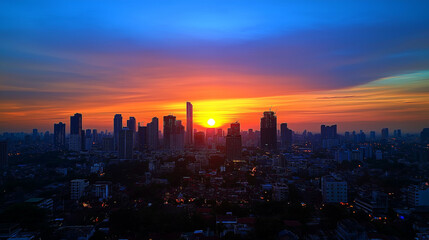 Fototapeta premium A vibrant cityscape during sunset. The sky is painted in hues of orange, pink, and blue, with the sun setting in the center. The city is dotted with numerous skyscrapers, each varying in height