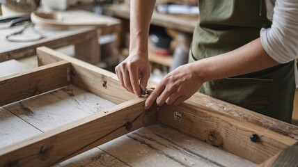 Wooden Structure Assembly. A close-up of a person assembling a wooden structure, with tools and materials visible in the background.