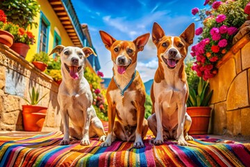 Bouncing Mexican dogs bask in the warm sunlight, surrounded by a kaleidoscope of colors and textures, embodying pure
