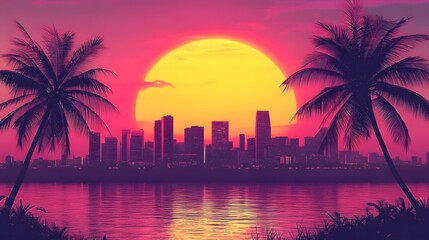 A synthwave background with palm trees and the sun setting behind an urban skyline, featuring retro-futuristic elements like vintage cars and neon lights