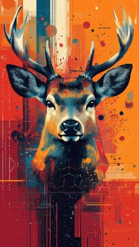 Abstract, a deer portrayed through geometric shapes and vibrant, unconventional colors, offering a modern, artistic representation.