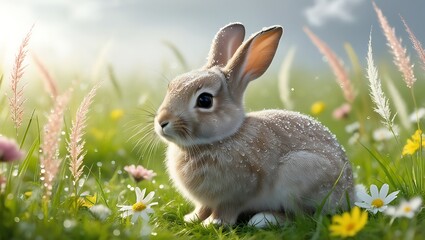 Fototapeta premium This captivating image features a rabbit sitting peacefully in a meadow adorned with delicate morning dew. The glistening droplets cling to the grass