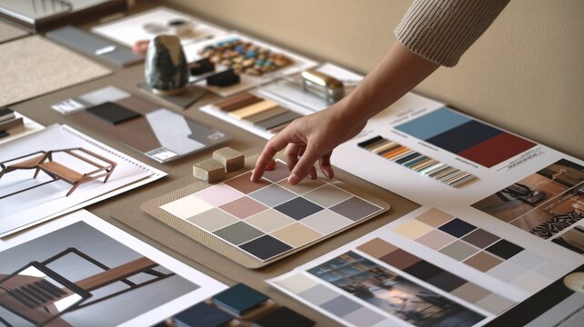 Careful Selection of Color Palettes for Design Project. A close-up view of an interior designer's hand picking a color swatch from an array of samples on a cluttered workspace. 