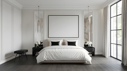 Elegant white bedroom with a prominent painting on the wall and a blank poster frame ready for artwork.