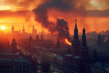 Fototapeta premium Dramatic sunset over Moscow\'s Red Square with smoke rising from the Kremlin during a vibrant evening sky