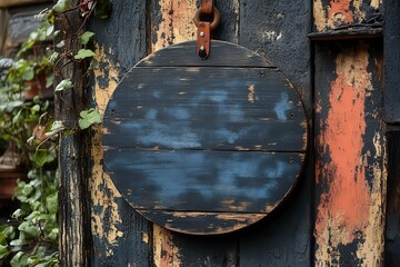 a round black signboard hangs against a rustic outdoor wall serving as a mockup for logo design or branding inviting creativity and presentation in a charming vintage setting