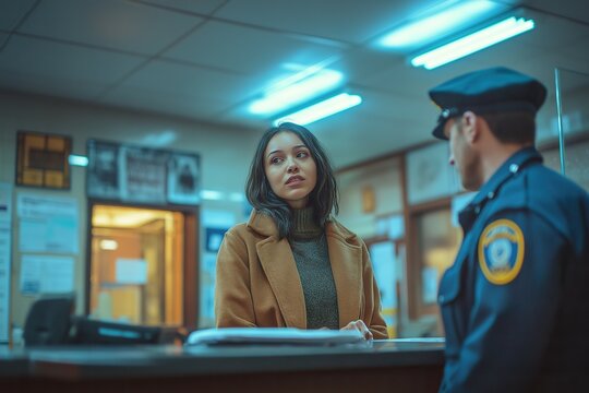 Woman reporting abuse to police officer at a police station during afternoon hours, emphasizing the importance of seeking help and support