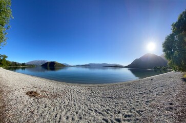 Beautiful panoramic views at the lake side of Glendhu Bay. Landscape with lake and mountains