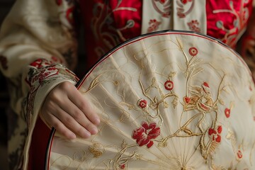 Fototapeta premium Elegant hand peeking from a qipao sleeve, gracefully holding a decorative embroidered fan during a cultural celebration