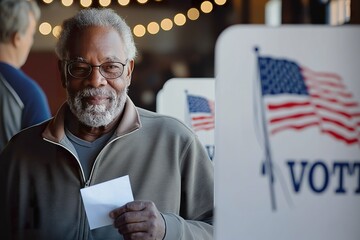 An elderly man proudly casting his vote in a bustling polling station during election day in the United States