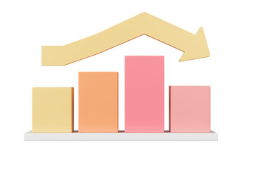 3D Bar Chart with arrow rising icon on isolated purple background. Soaring finances, strengthening currency concept. Minimal Data analysis bar pie graph growth up with an arrow rising icon. 3d render.